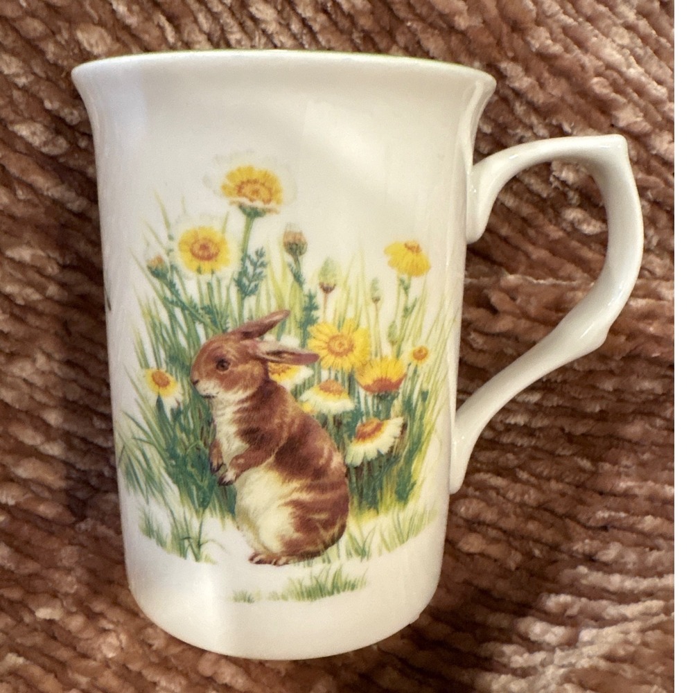 Stechcol Gracie Bone Fine China Rabbit Bunny Yellow Flower Coffee Mug Tea Cup